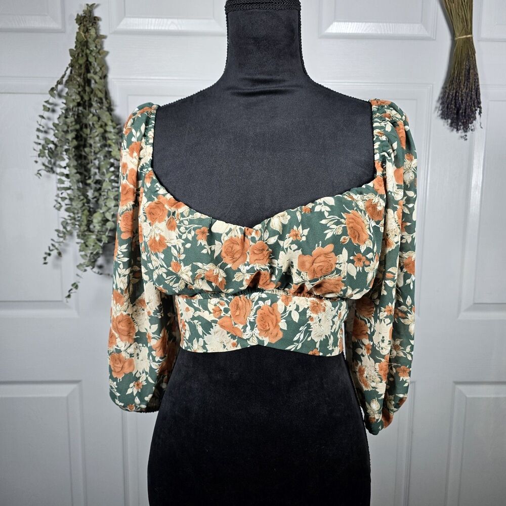 Blush BJ Green Floral Print Square Neck Puff Sleeve Crop Blouse Faircore 1X